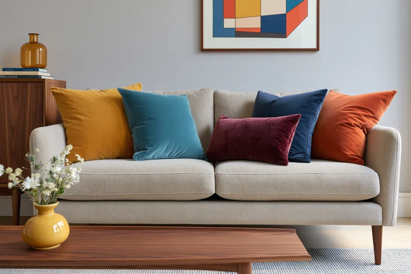 Beige sofa with colorful cushions arranged in a midcentury modern living room with wooden coffee table and abstract art on the wall