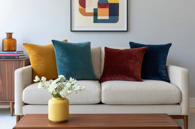 Beige sofa with colorful velvet cushions and abstract artwork in mid-century modern living room