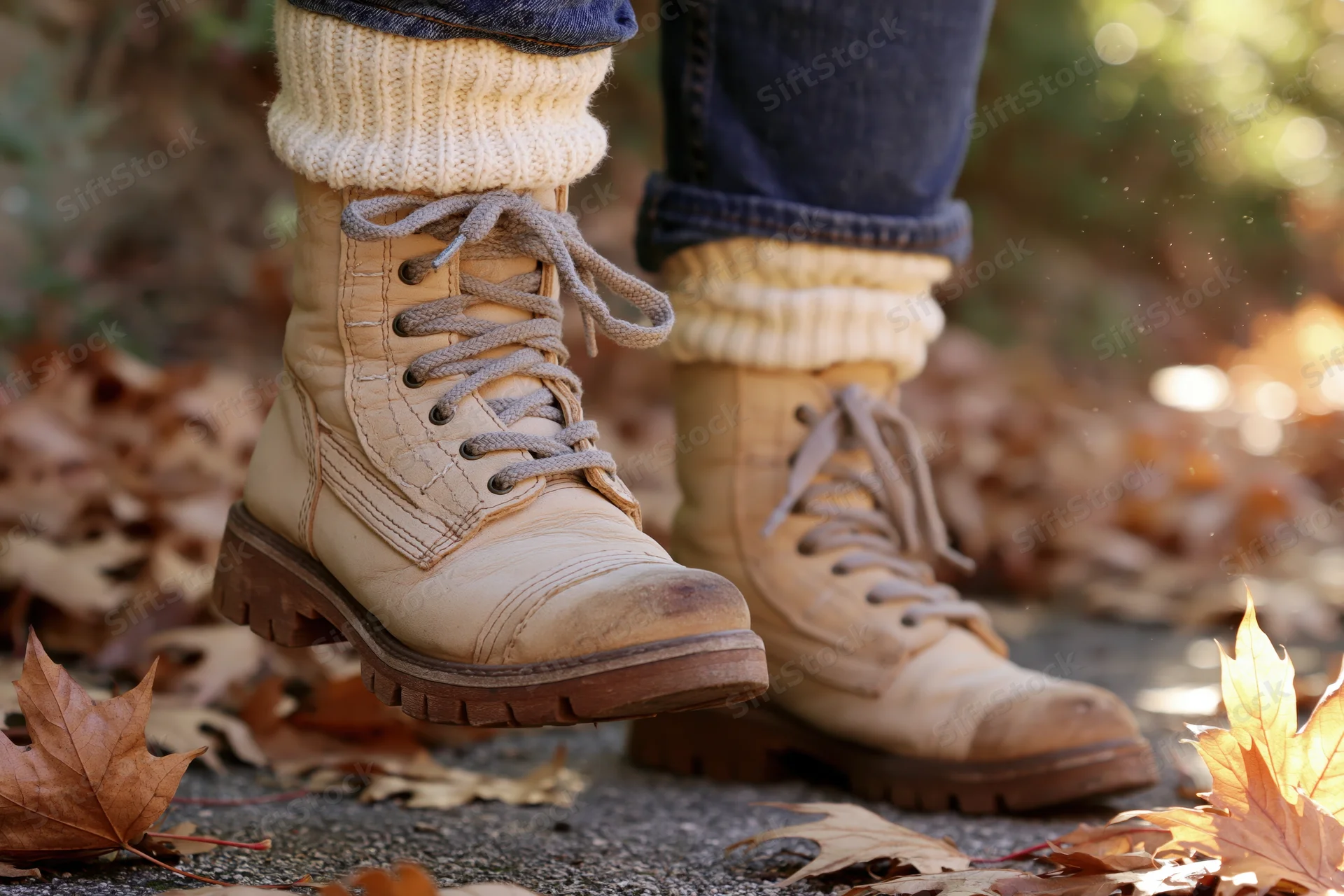 Woman wearing beige boots and rolled jeans walking on a leaf-covered path in autumn