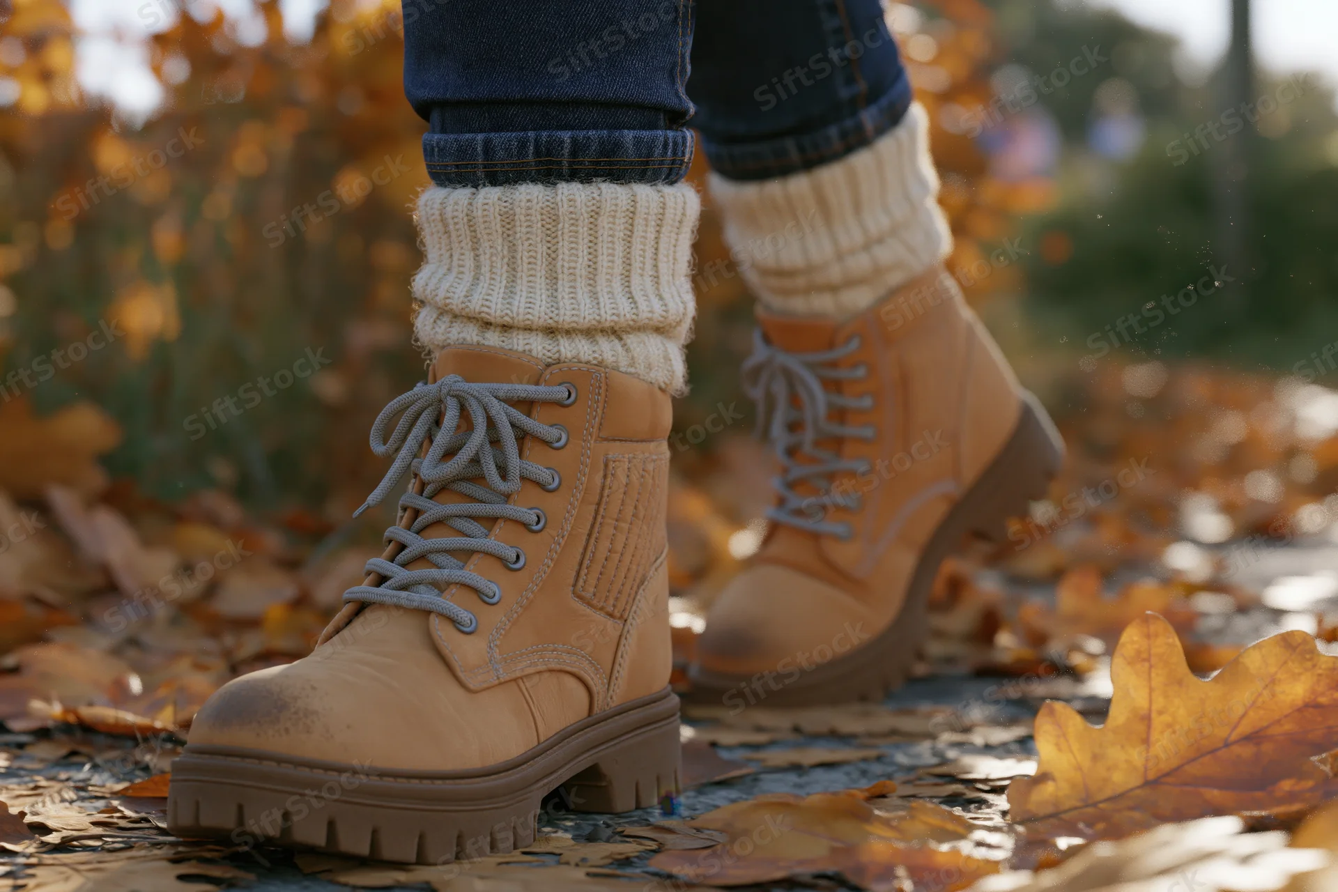 Woman walking in tan boots with knit socks and jeans on a leaf-covered path in autumn