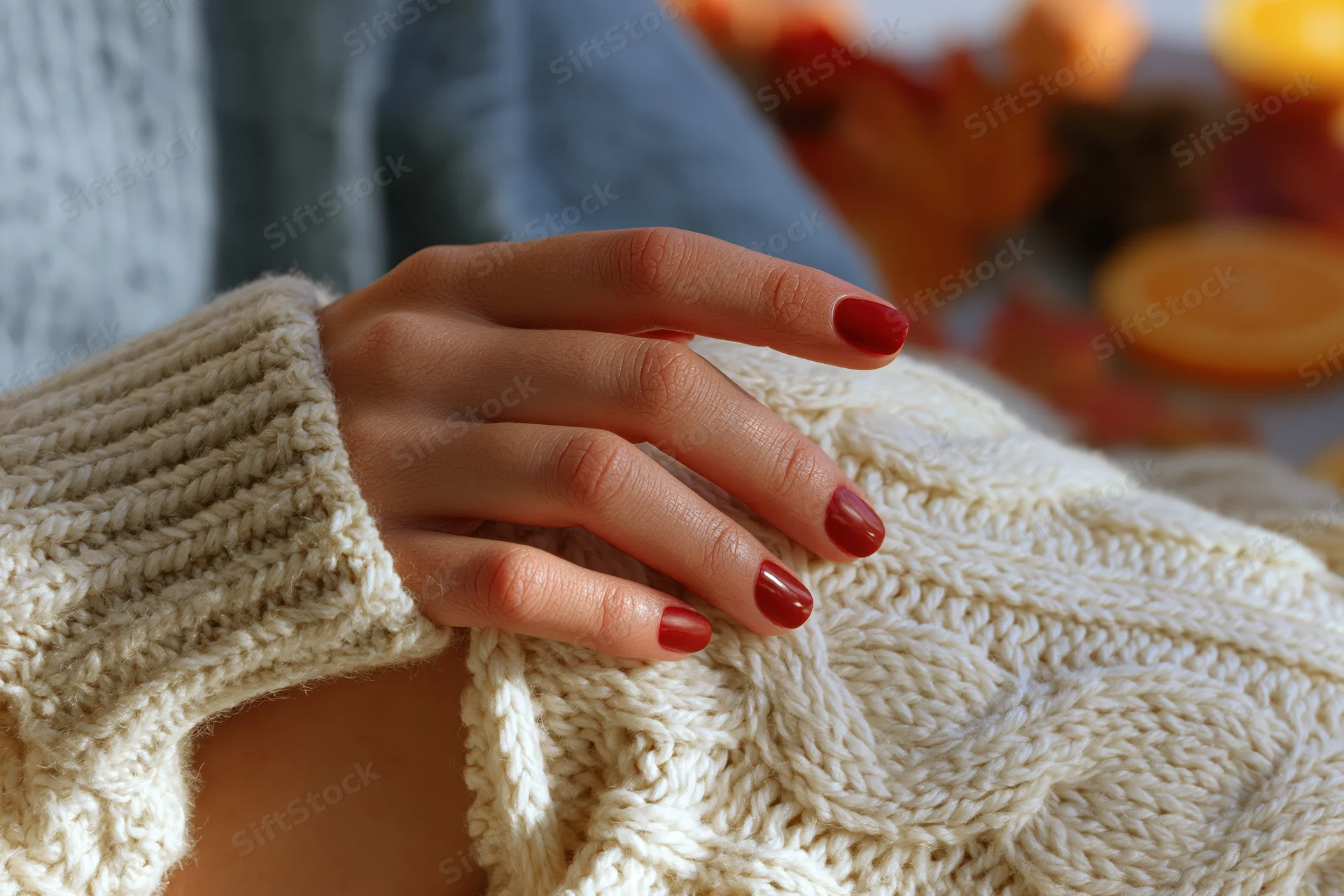 Woman’s hand with red nail polish resting on cream cable-knit sweater, autumn setting with fruit in background