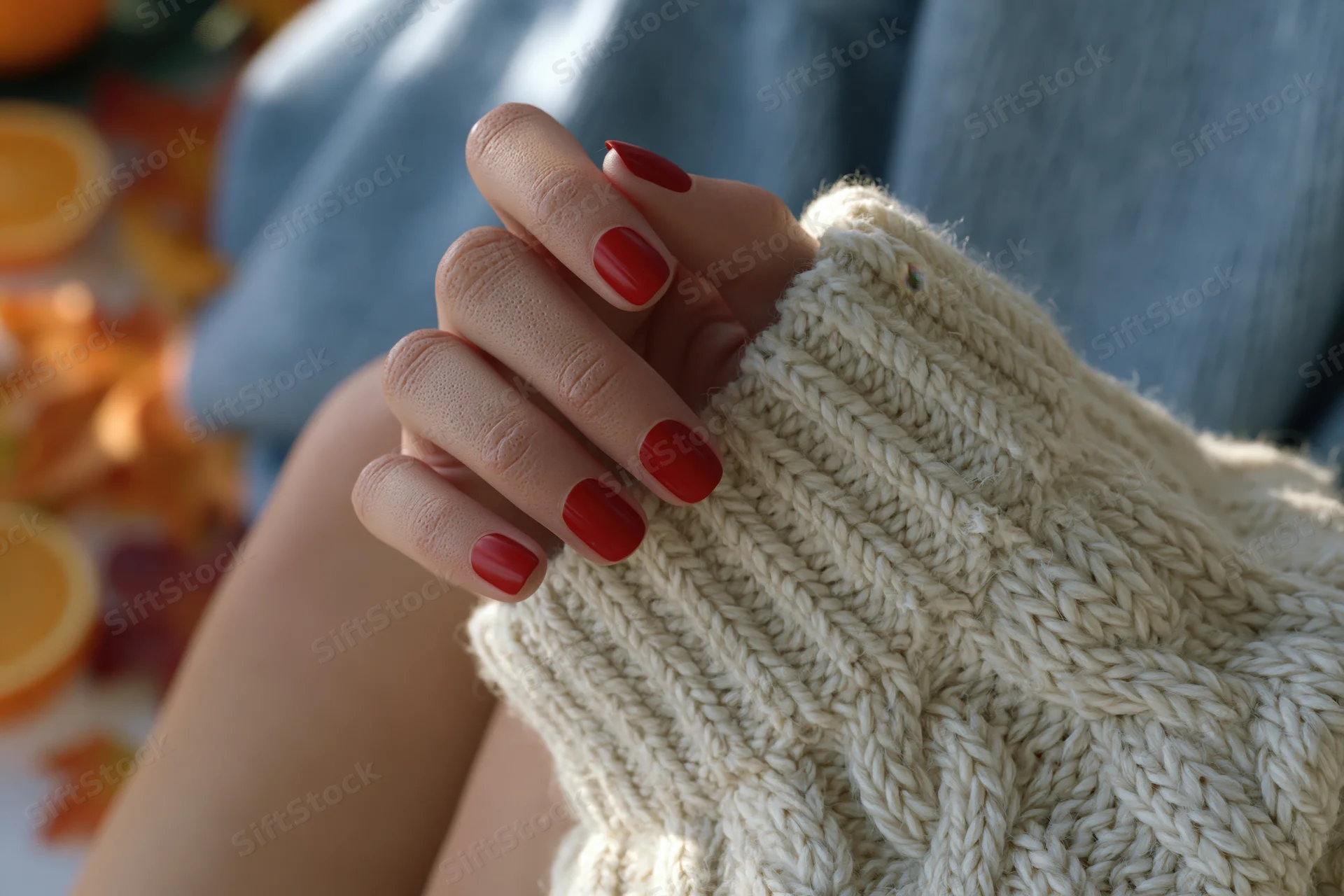 Woman’s hand with red nail polish resting on cream knitted sweater sleeve near autumn leaves and fruit