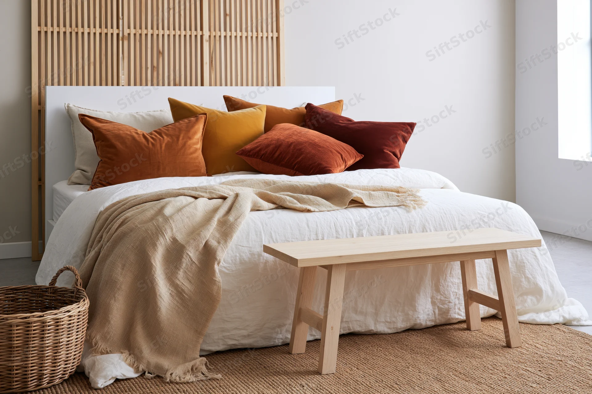 White bed with colorful pillows and wooden bench in minimalist scandinavian bedroom