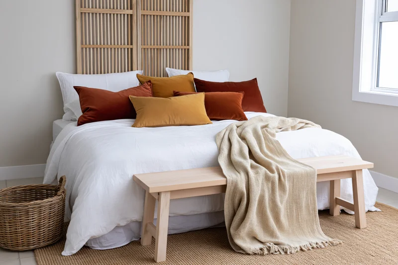 Minimalist scandinavian bedroom with white bed, wooden slatted headboard, and neutral textiles arranged around a bench and wicker basket