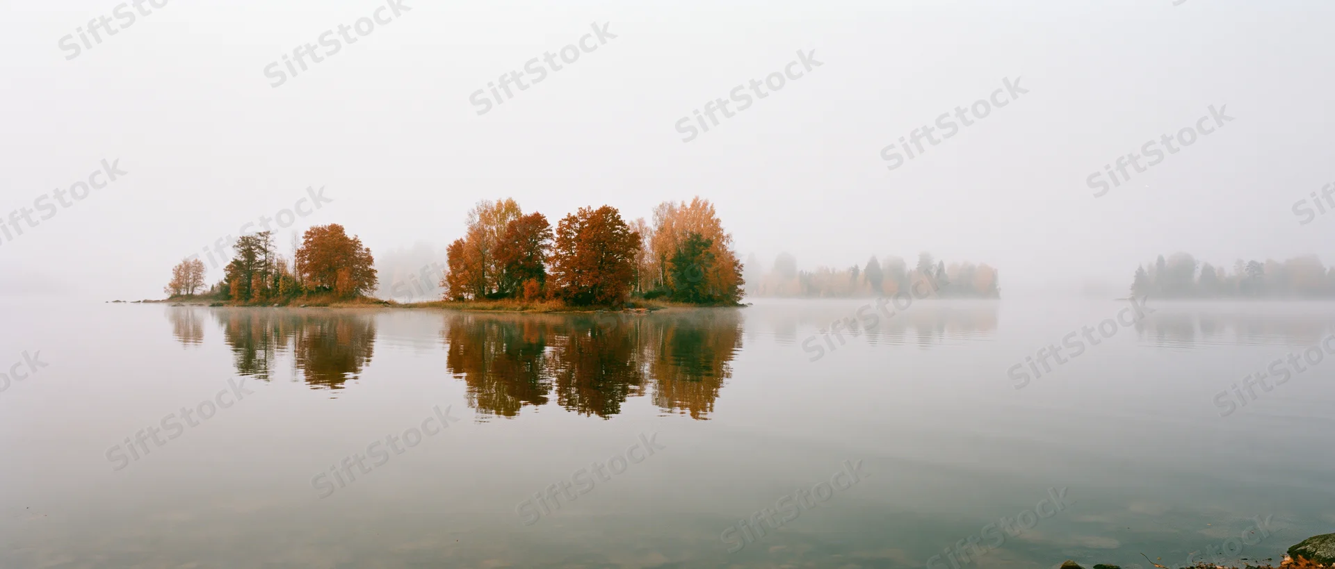 Misty autumn lake at dawn with small wooded islands reflecting in calm water