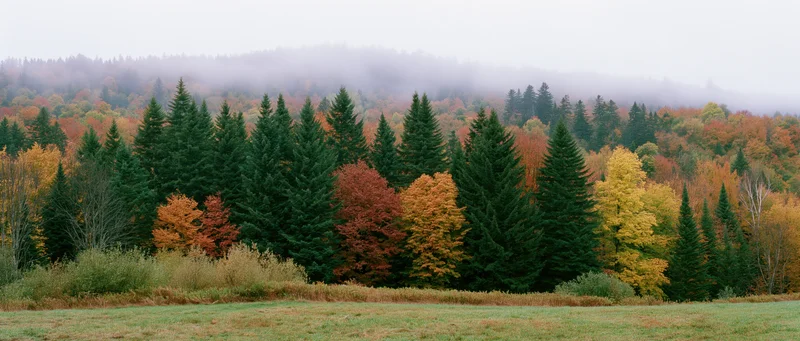 Mixed deciduous and evergreen forest in peak autumn color with misty hills in the background