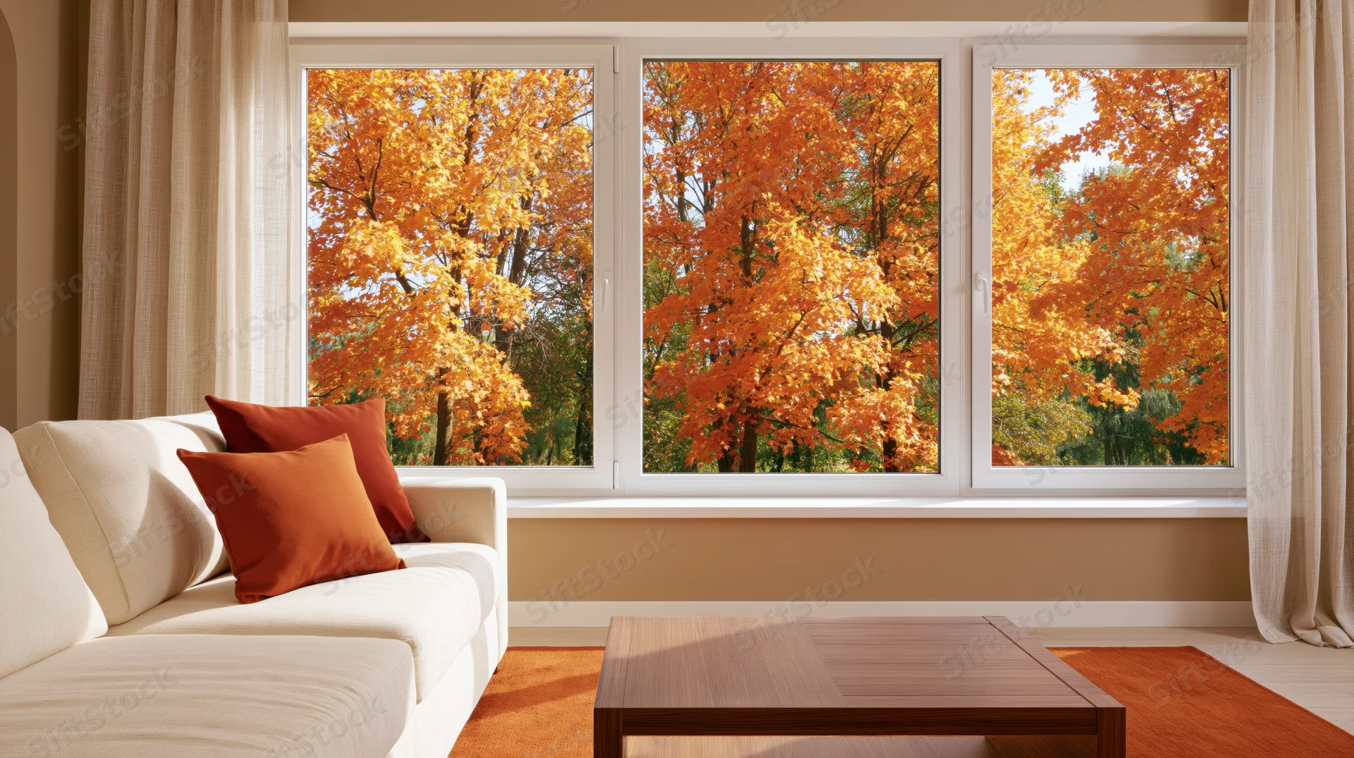 Modern living room with white sofa and wooden coffee table facing large windows showing autumn trees with orange foliage