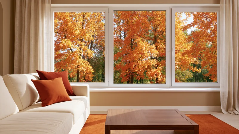 Modern living room with white sofa and wooden coffee table facing large windows showing autumn trees with orange foliage