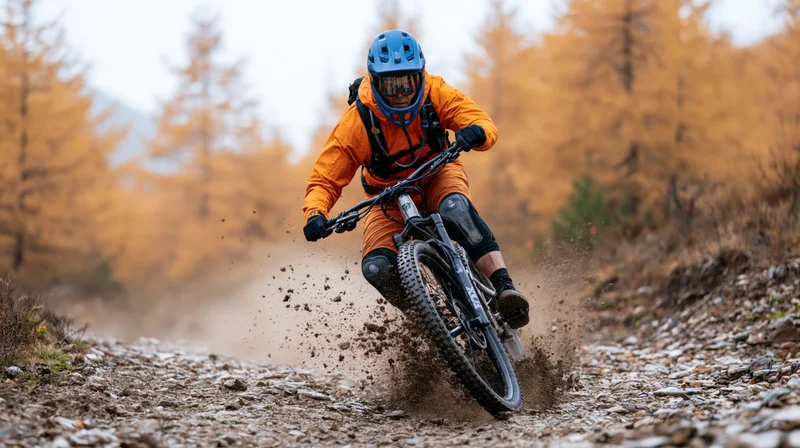 Mountain biker riding downhill on rocky dirt trail through autumn forest