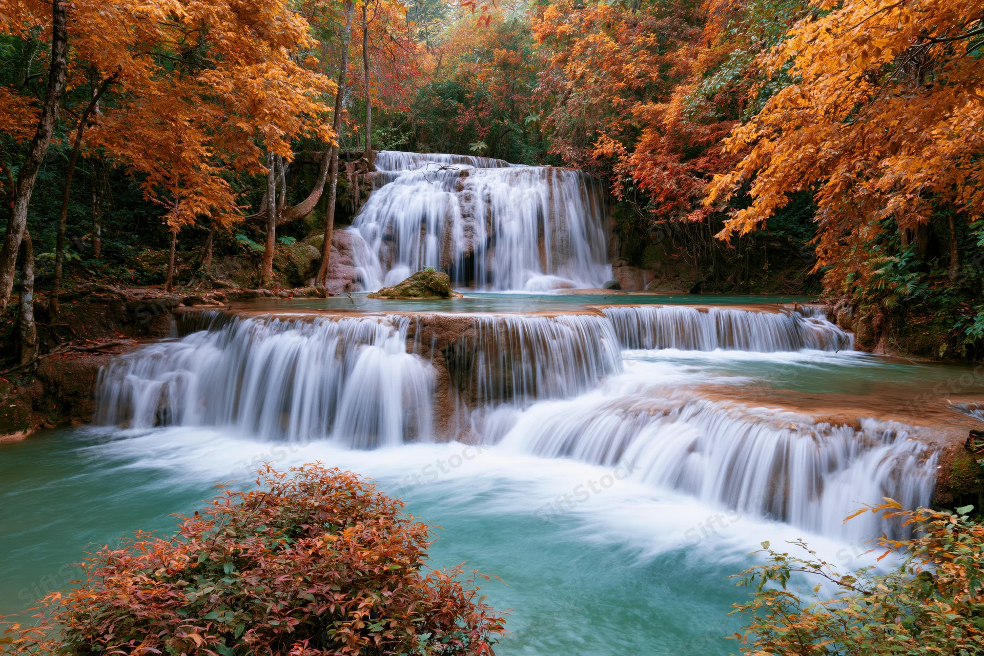 Multi-tiered waterfall cascading over limestone rocks in an autumn jungle forest