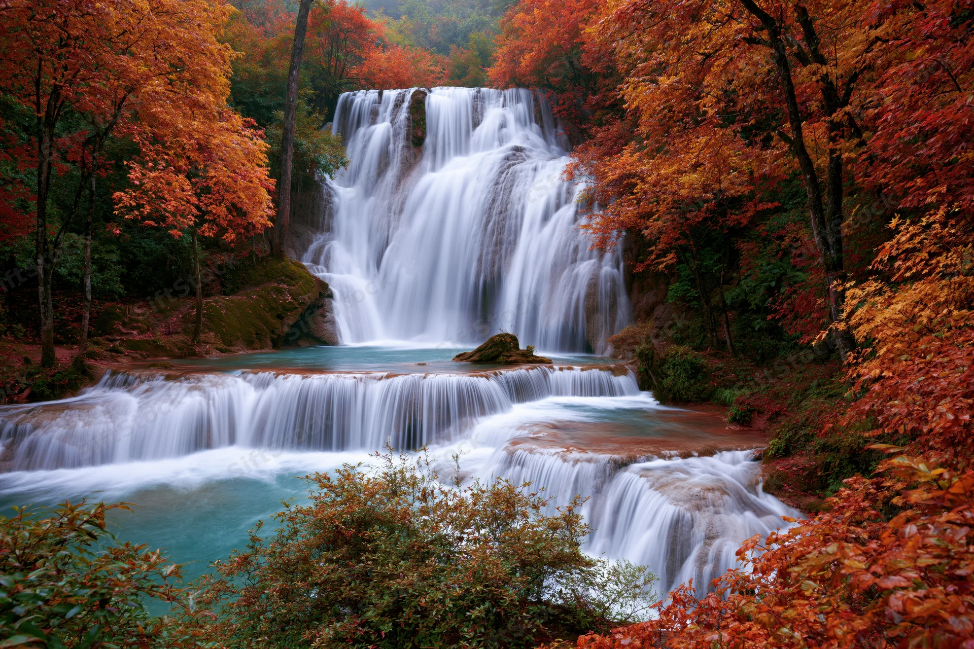 Multi-tiered waterfall cascading through autumn forest with colorful foliage and turquoise pools
