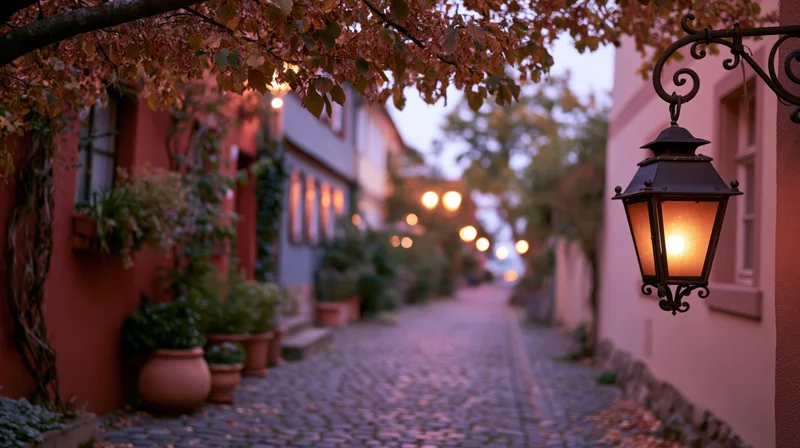 Narrow cobblestone alley in an old european town at dusk lined with glowing lanterns and autumn foliage