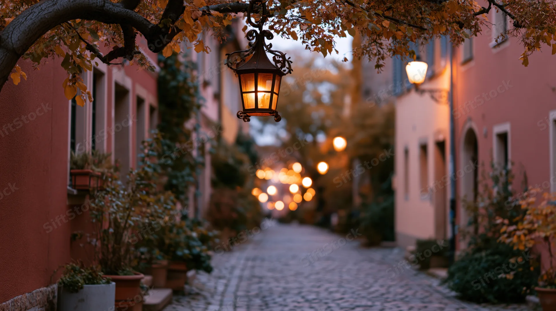 Narrow cobblestone alley in an old european town at dusk lined with glowing lanterns and autumn foliage