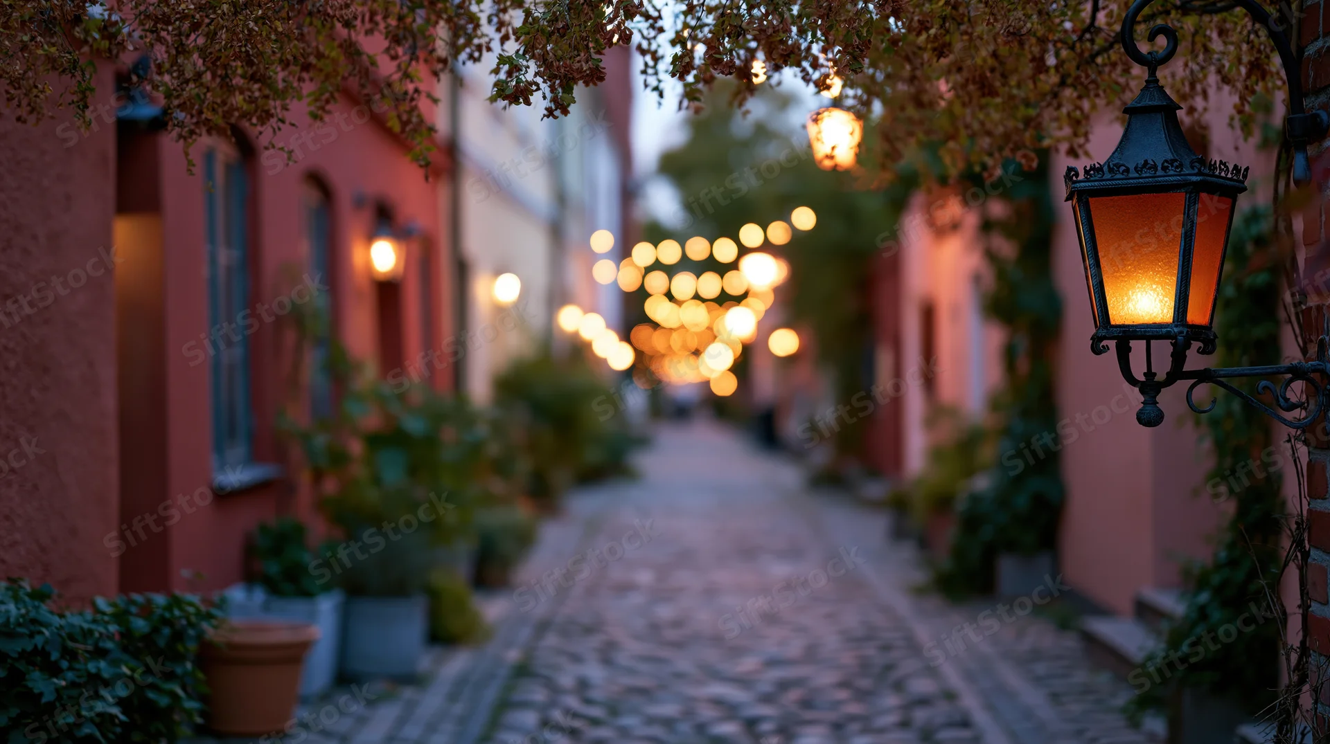 Narrow cobblestone alley in an old european town at dusk lined with glowing lanterns and ivy-covered walls