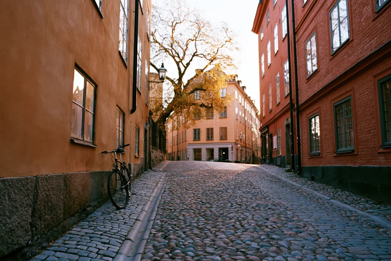 Narrow cobblestone street lined with historic buildings in stockholm's old town