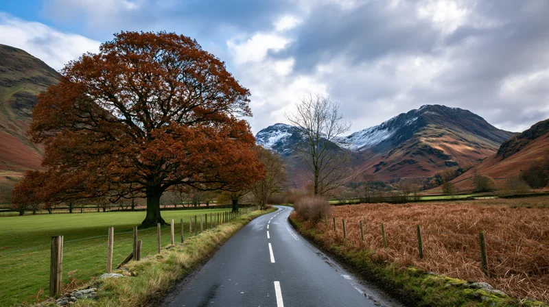 Narrow asphalt road curving through autumn valley with snow-capped mountains and colorful trees
