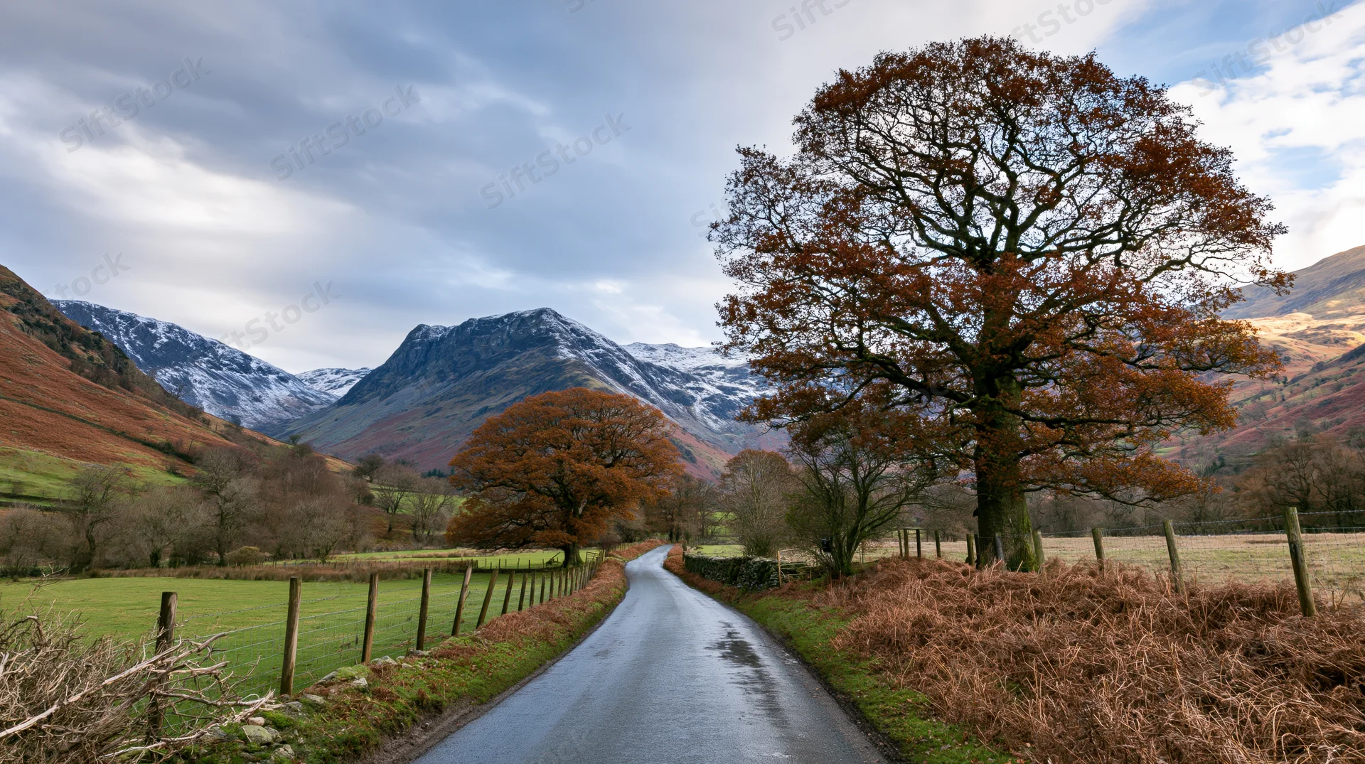 Narrow country road curving through autumn valley with snow-capped mountains and colorful trees