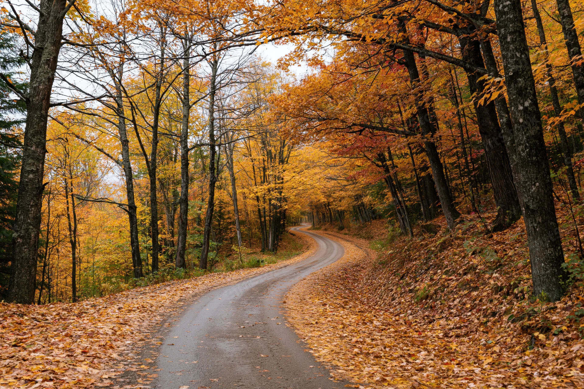 Winding country road through dense autumn forest with fallen leaves covering the ground and trees displaying vibrant fall colors