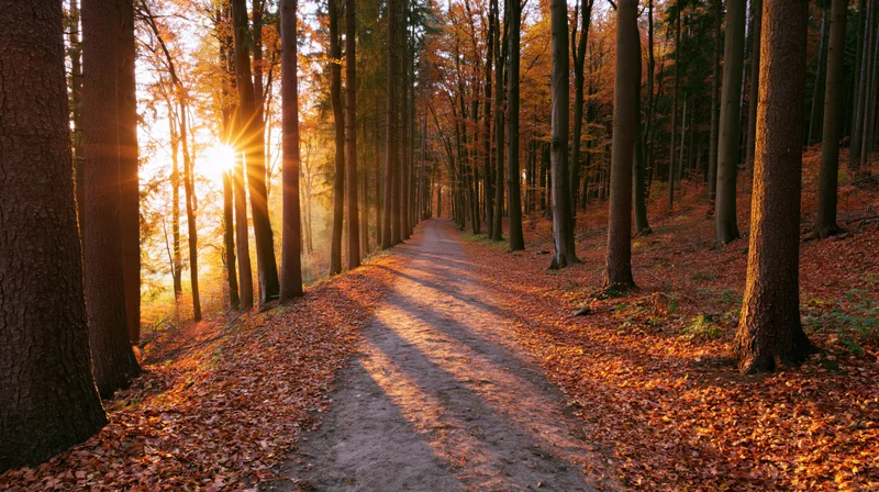 Narrow dirt path winding through dense autumn forest with sunlight filtering through trees