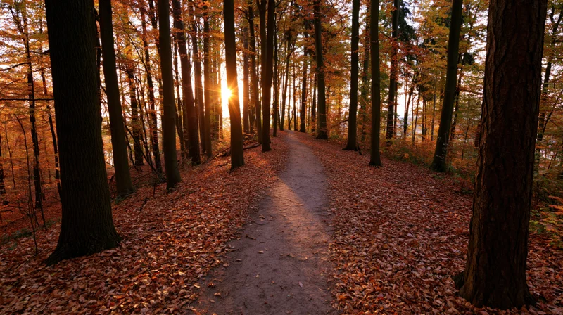 Narrow dirt path winding through dense autumn forest with sunlight filtering through trees
