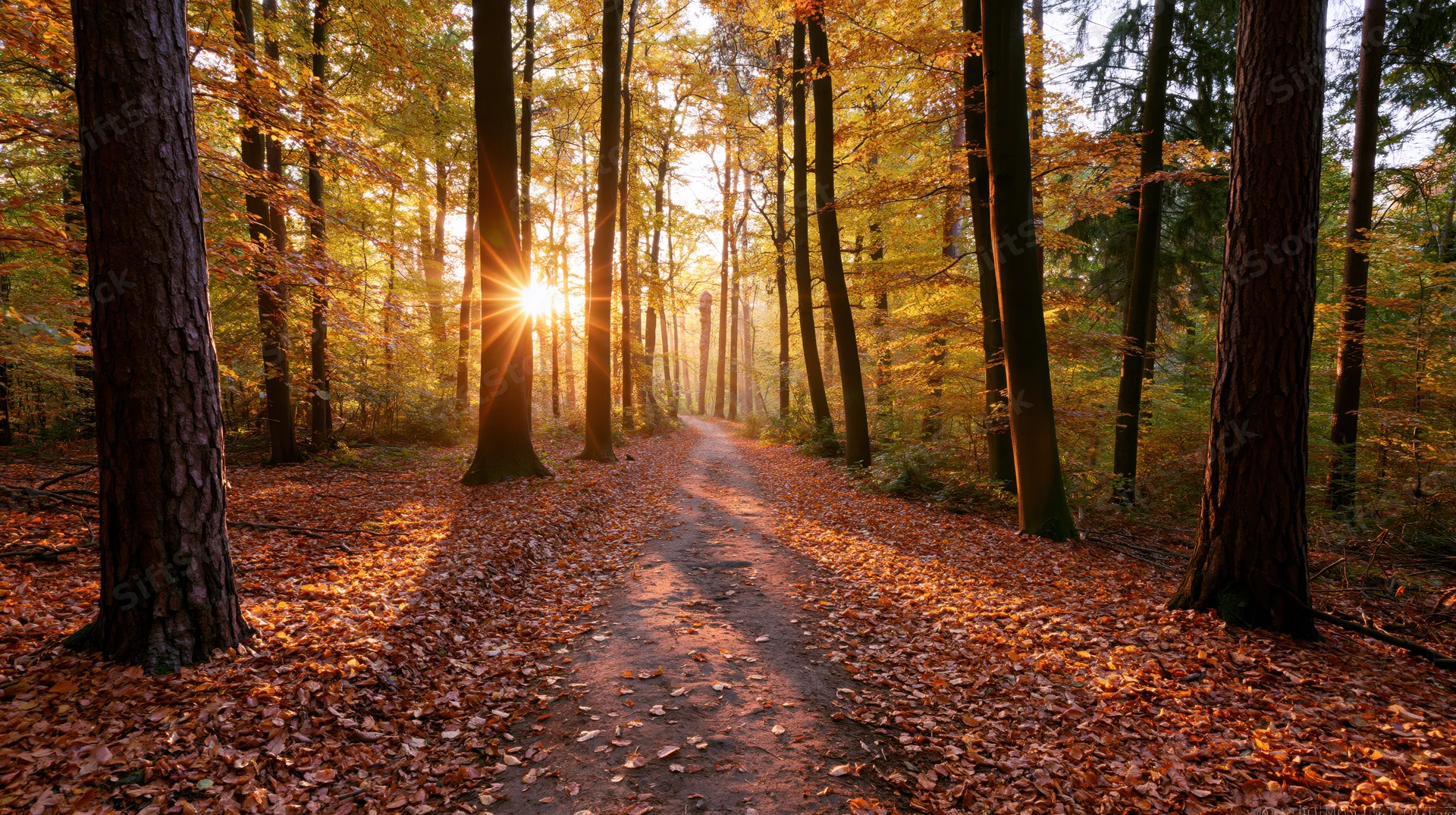 Narrow dirt path winding through dense autumn forest with sunlight filtering through trees