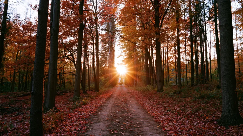 Narrow dirt path through autumn forest with sunlight shining through trees