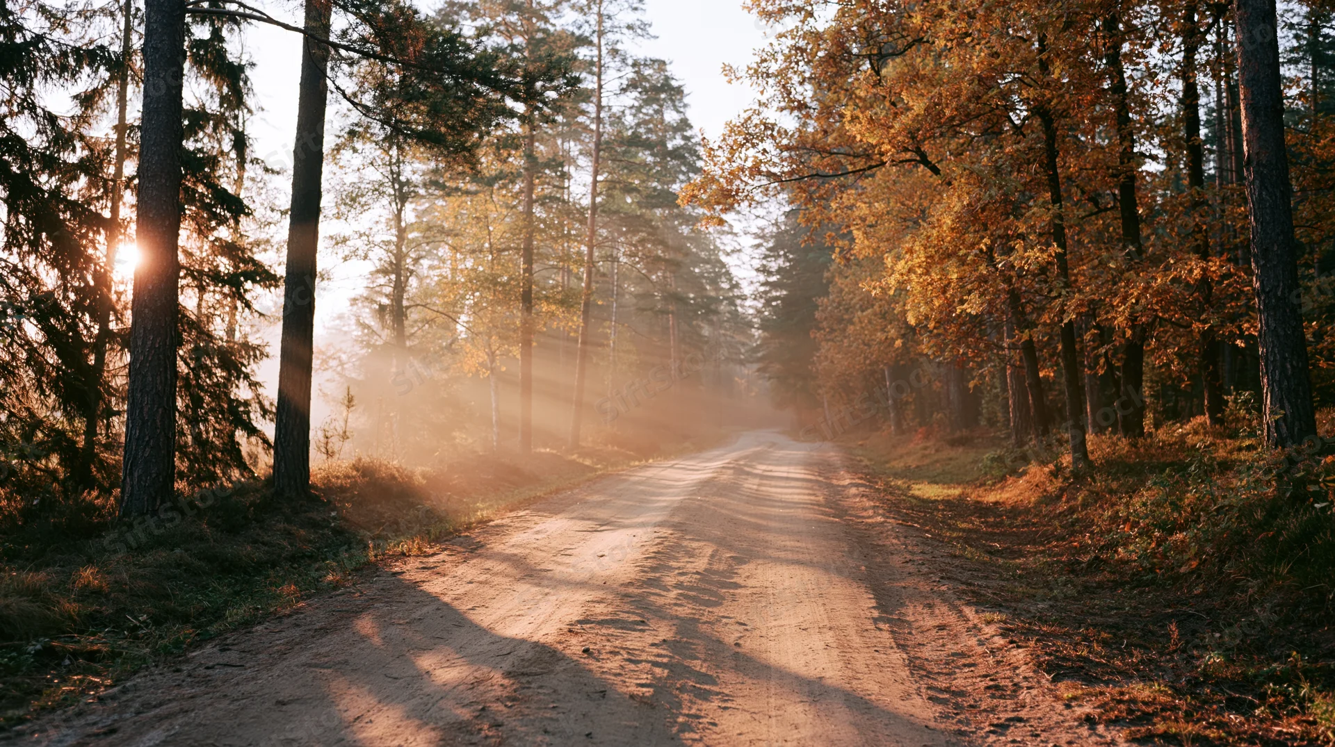 Narrow dirt road winding through autumn forest with sunlight filtering through trees at morning