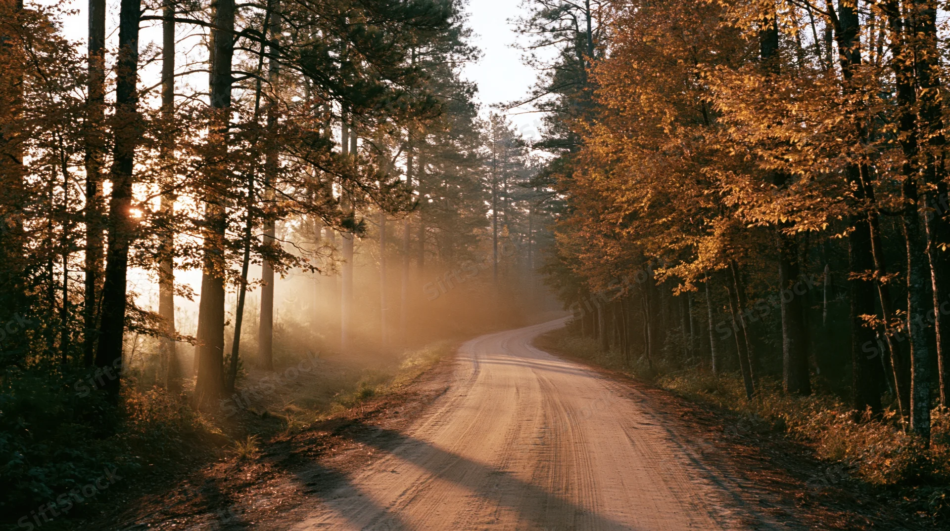 Winding dirt road through autumn forest with sunlight filtering through trees at morning