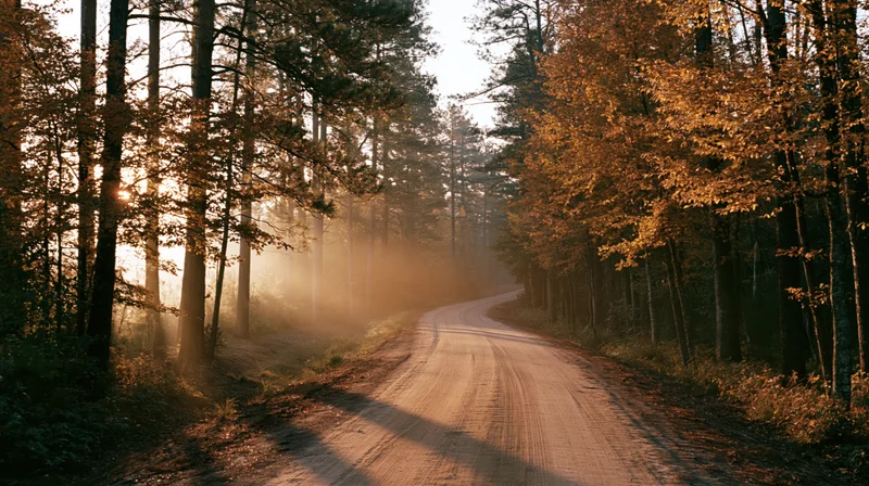 Winding dirt road through autumn forest with sunlight filtering through trees at morning