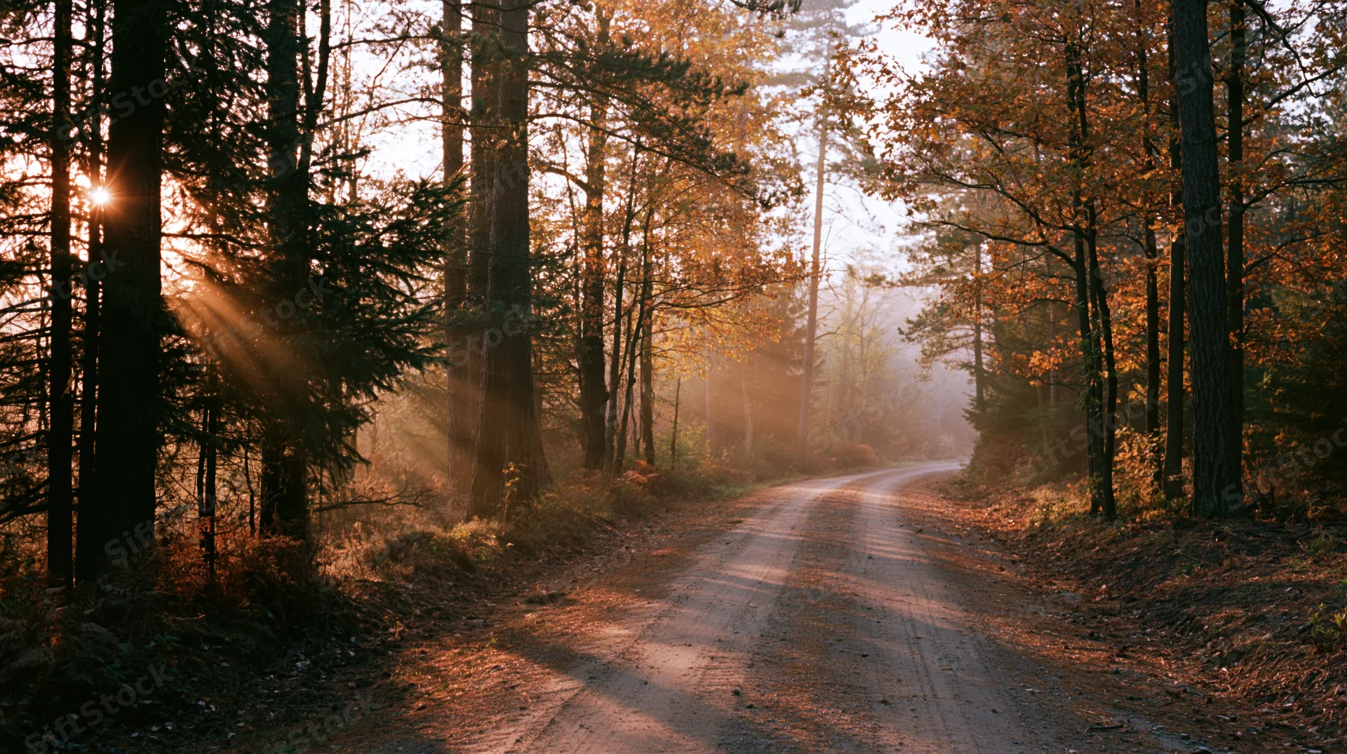 Dirt road winding through autumn forest with sunlight filtering through trees