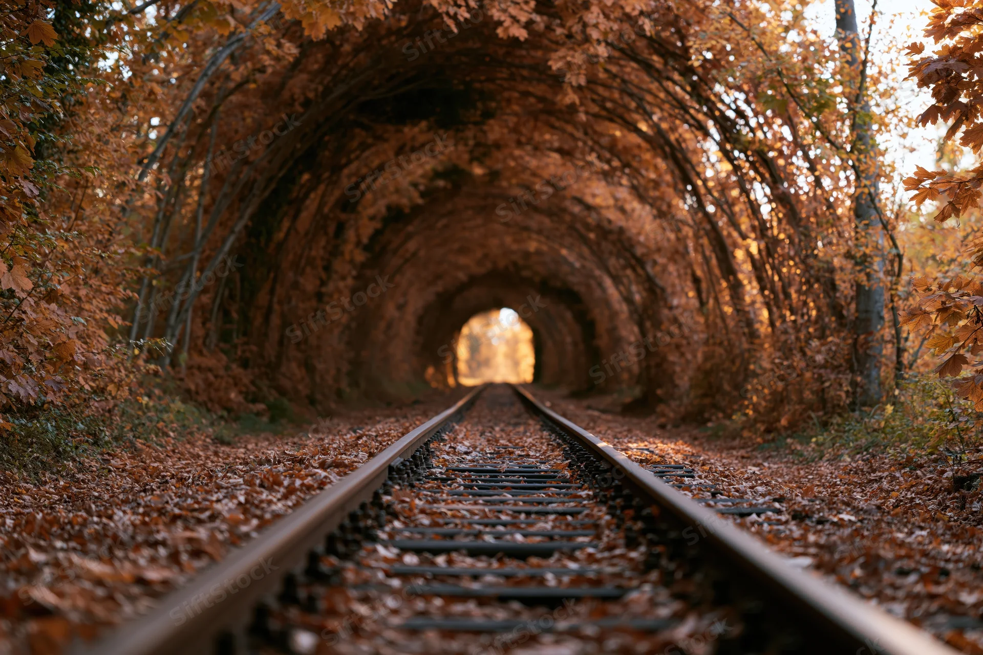 Railway tracks receding into a leafy tunnel formed by autumn trees in a forest