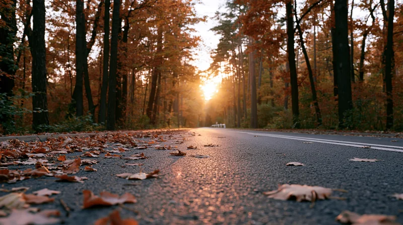 Narrow asphalt road lined with autumn trees and fallen leaves leading into a sunset at vanishing point