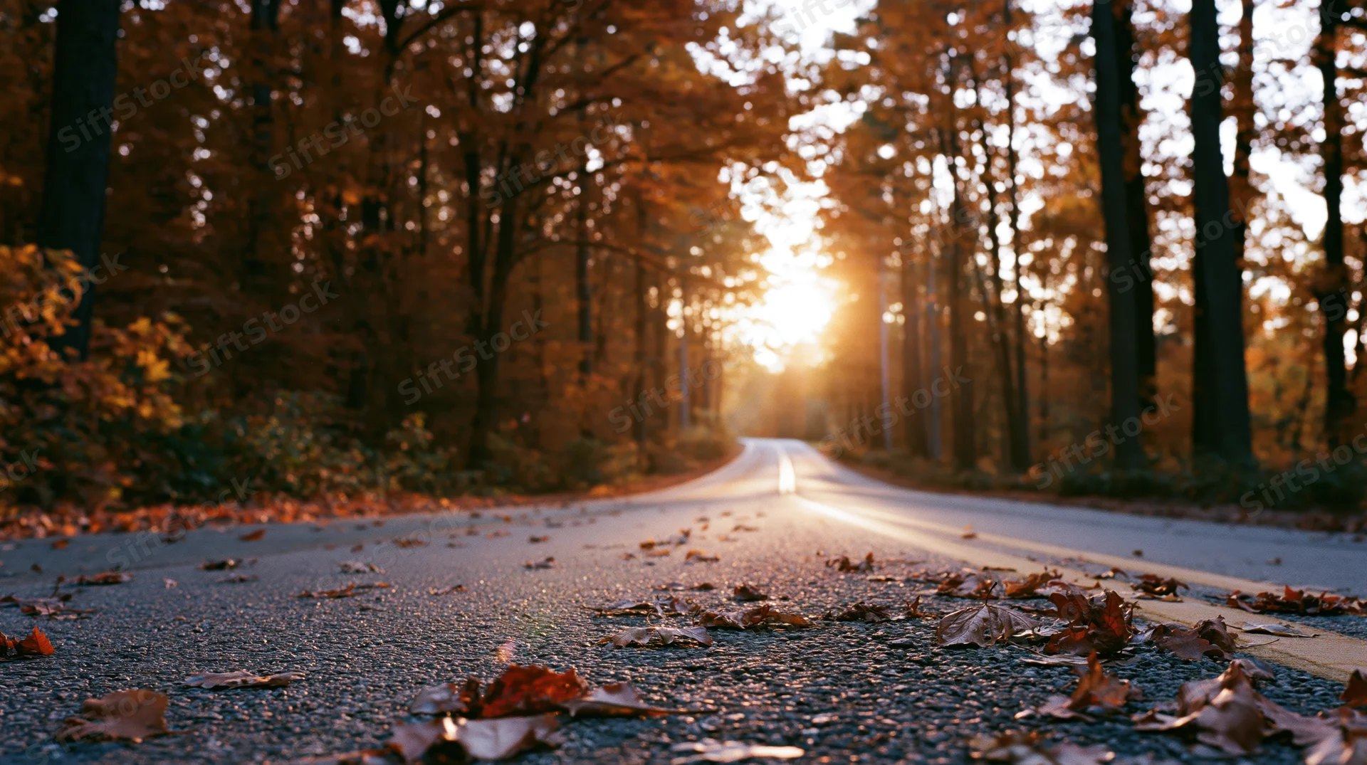 Narrow country road lined with autumn trees and fallen leaves leading into a golden sunset