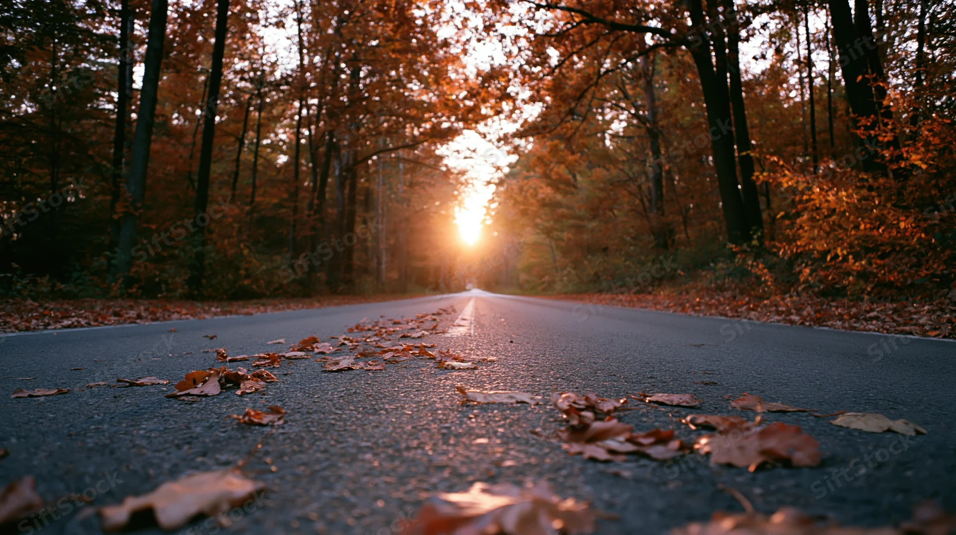Narrow country road lined with autumn trees and fallen leaves leading to a sunset at the vanishing point