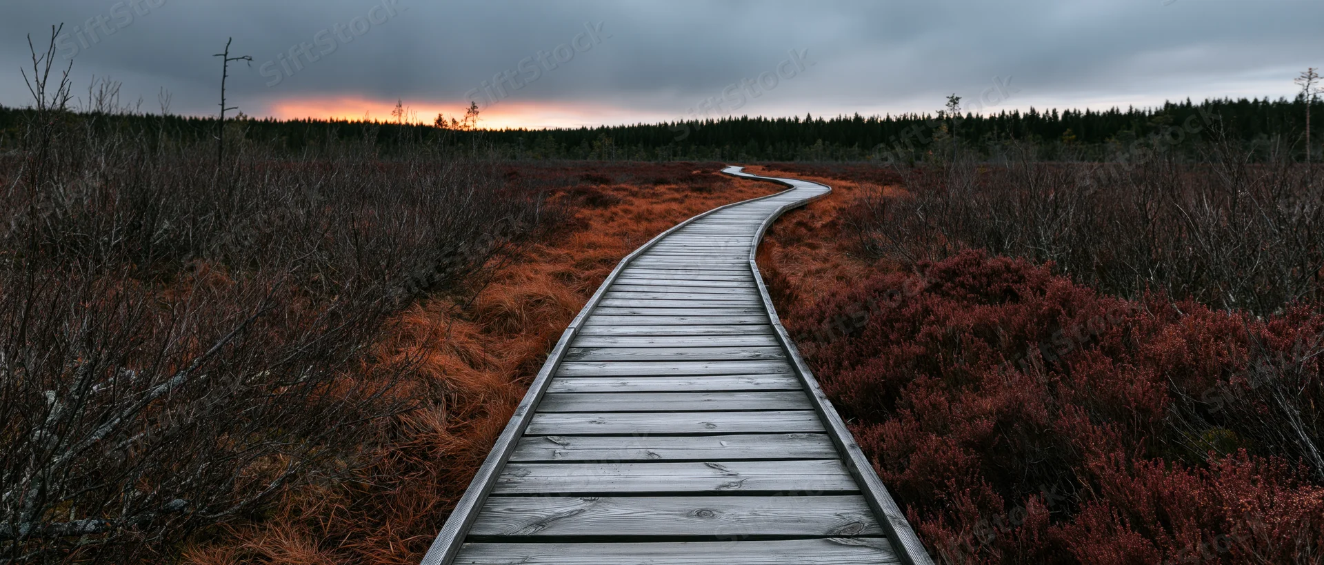 Wooden boardwalk curving through open moorland bog at twilight