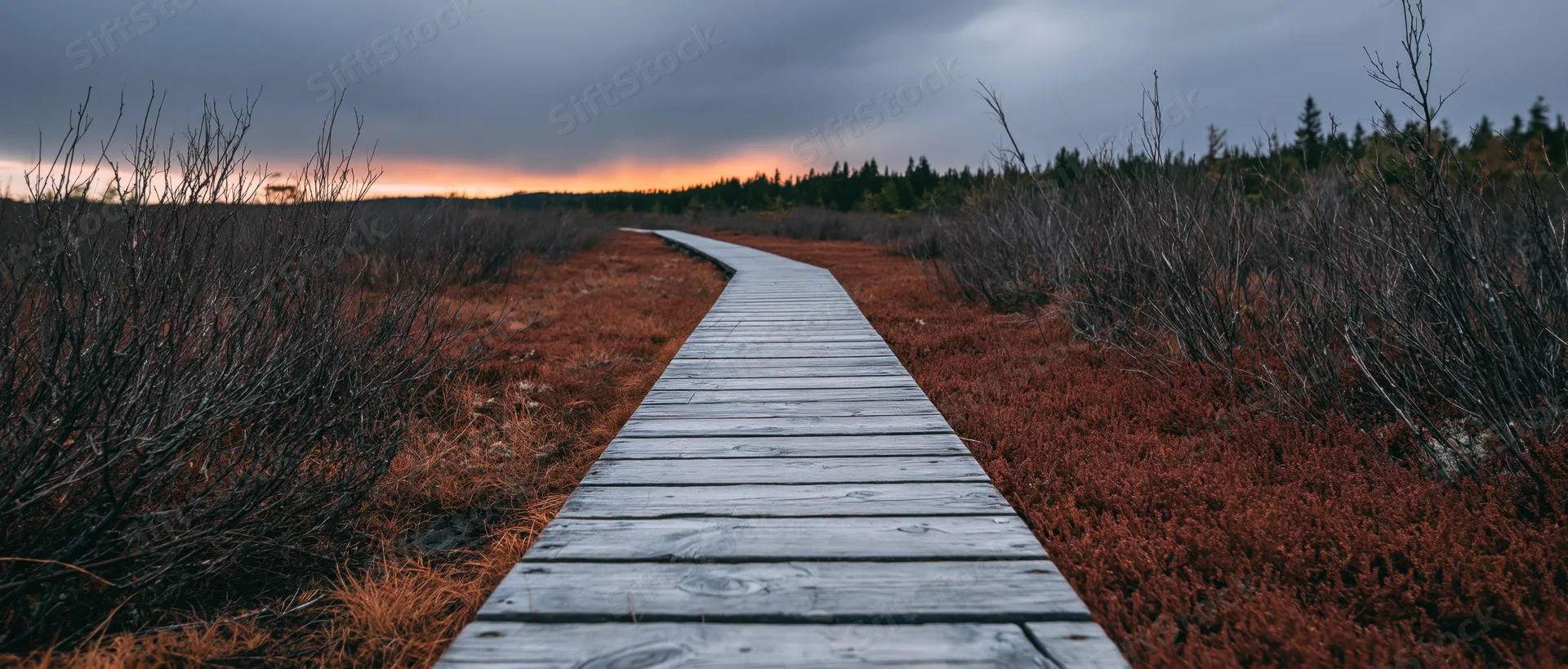 Wooden boardwalk curving through open moorland bog at twilight