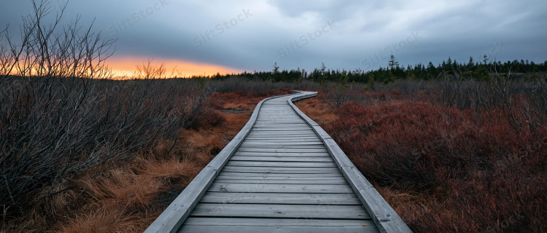 Wooden boardwalk curving through open moorland bog at twilight