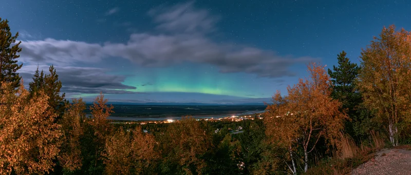 Aurora glowing green and teal over forested valley at night with stars and clouds above