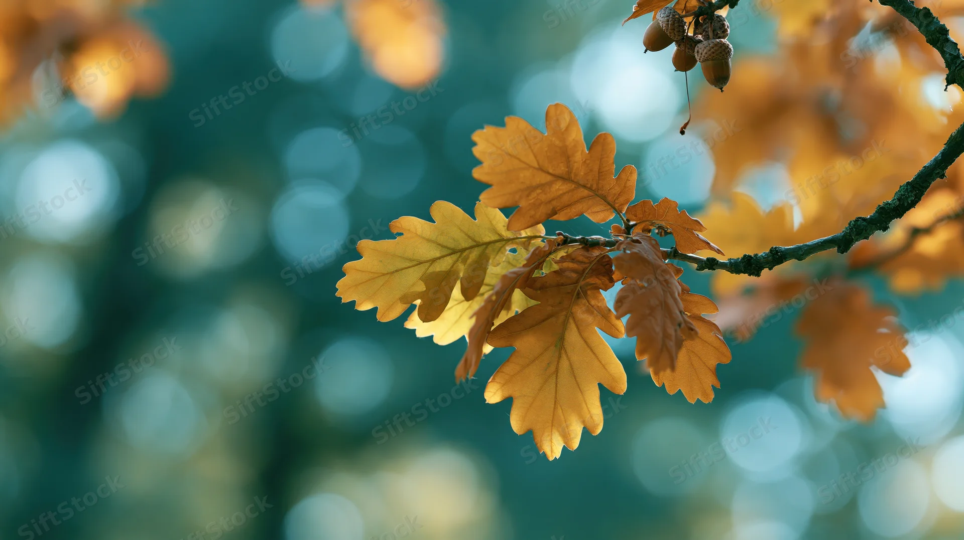 Oak branch with golden autumn leaves and small acorns hanging in a forest setting