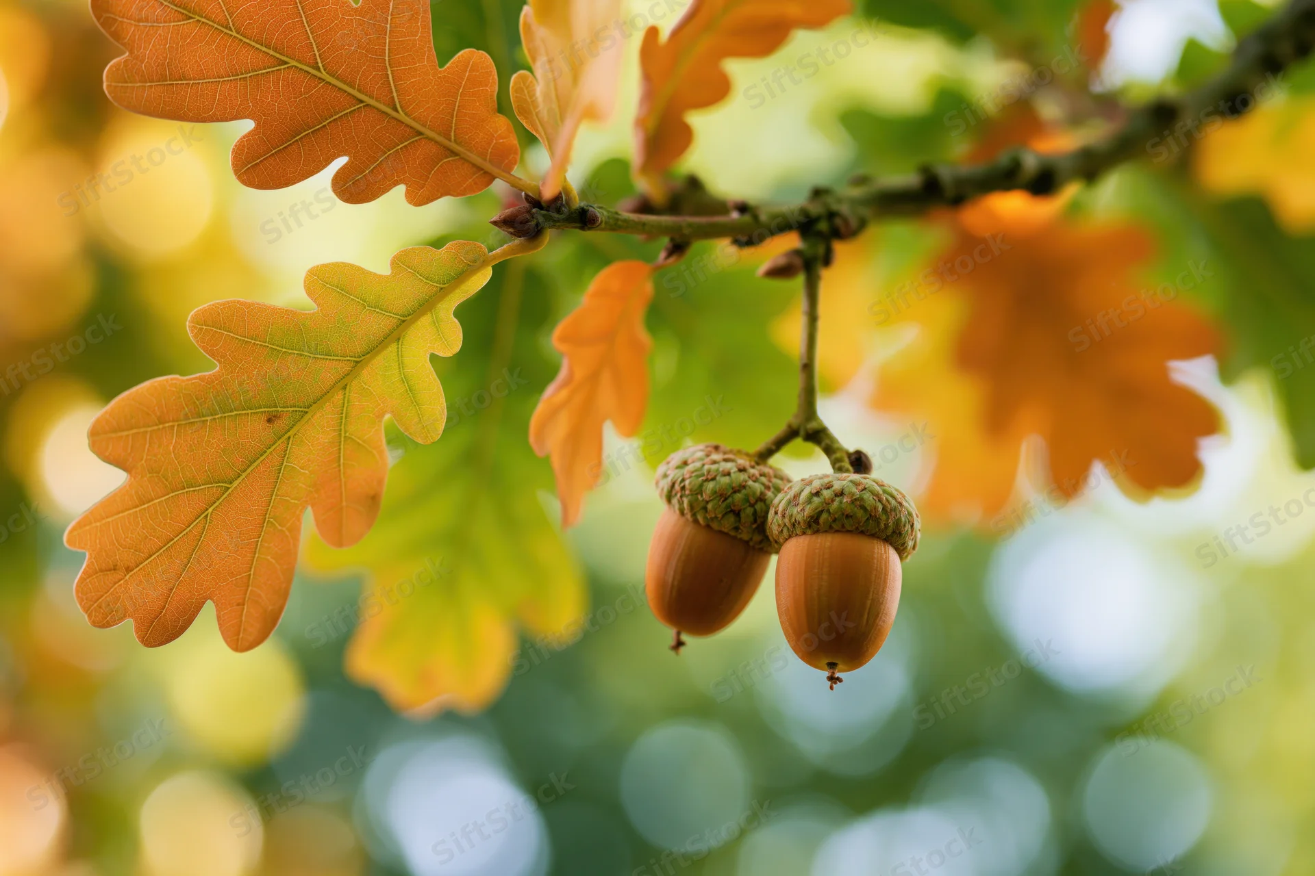 Two acorns hanging from an oak branch among autumn leaves in a sunlit forest