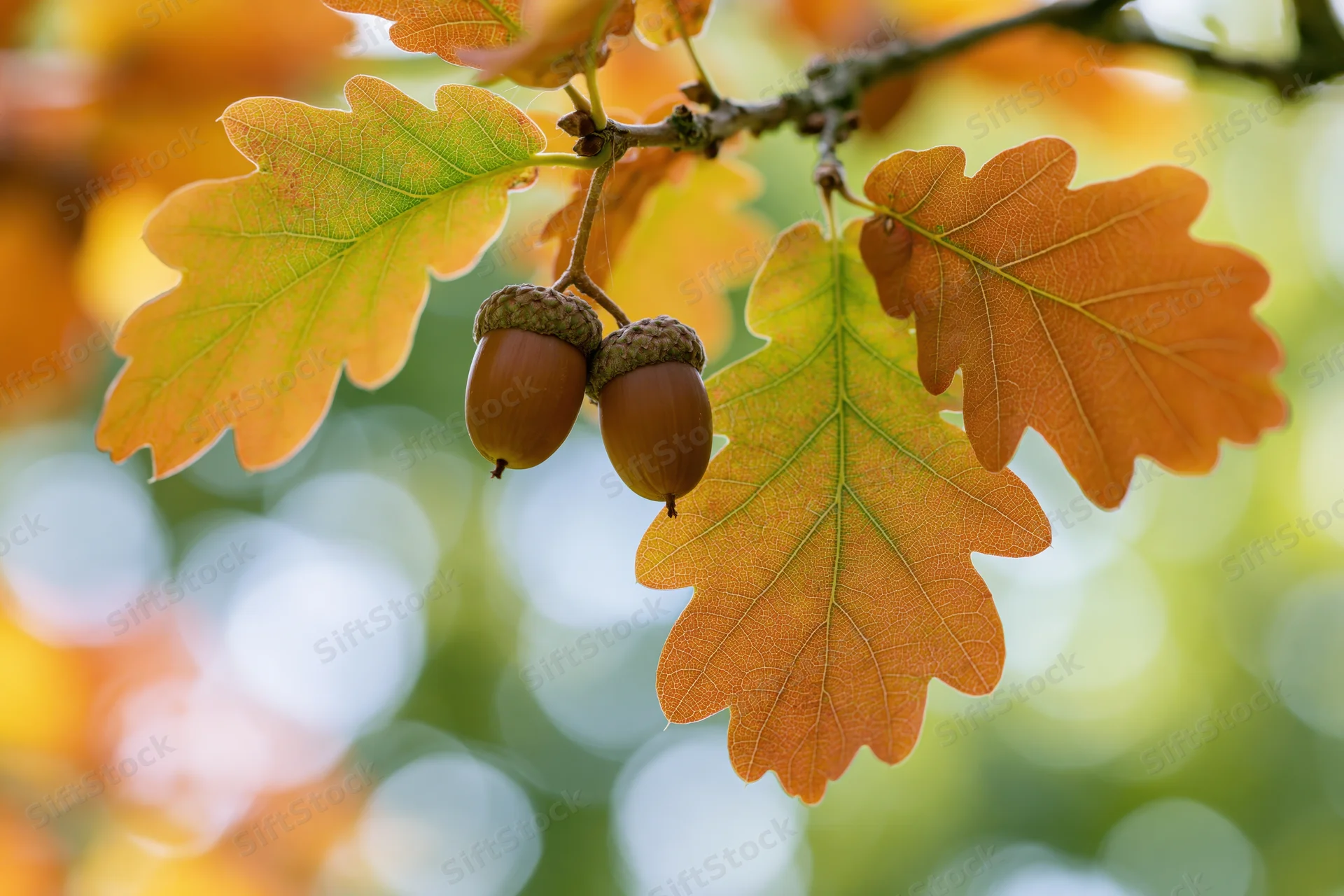 Two acorns hanging from an oak branch among autumn leaves in a forest setting