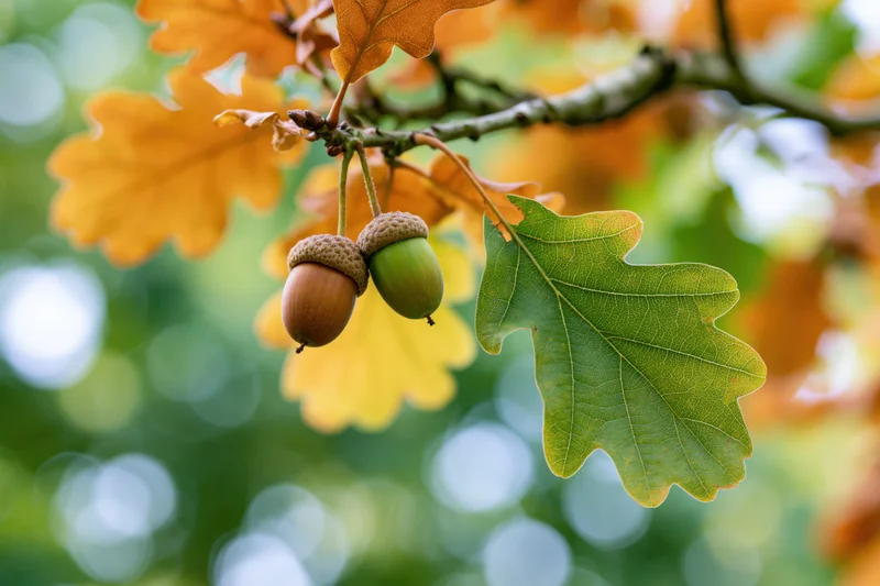 Two acorns hanging from an oak branch among autumn leaves in a forest setting