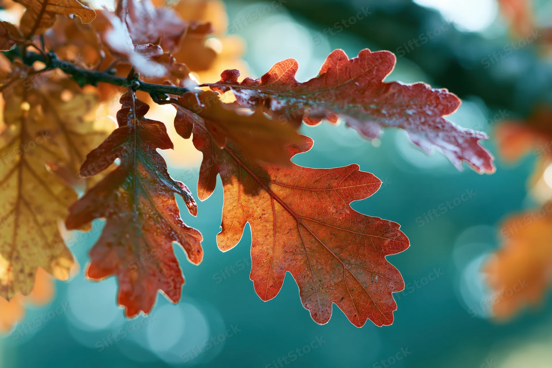 Closeup of oak leaves in autumn colors on a branch with blurred green background
