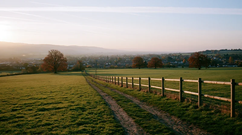 Wide panoramic view of open countryside at golden hour with grassy field, dirt path, wooden fence, and distant village under soft sunset light