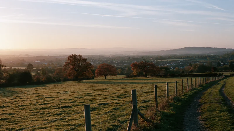 Wide panoramic view of a rural countryside field with a winding path and wooden fence at golden hour
