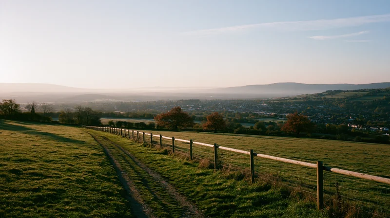 Wide panoramic view of open countryside with a winding path and wooden fence at golden hour