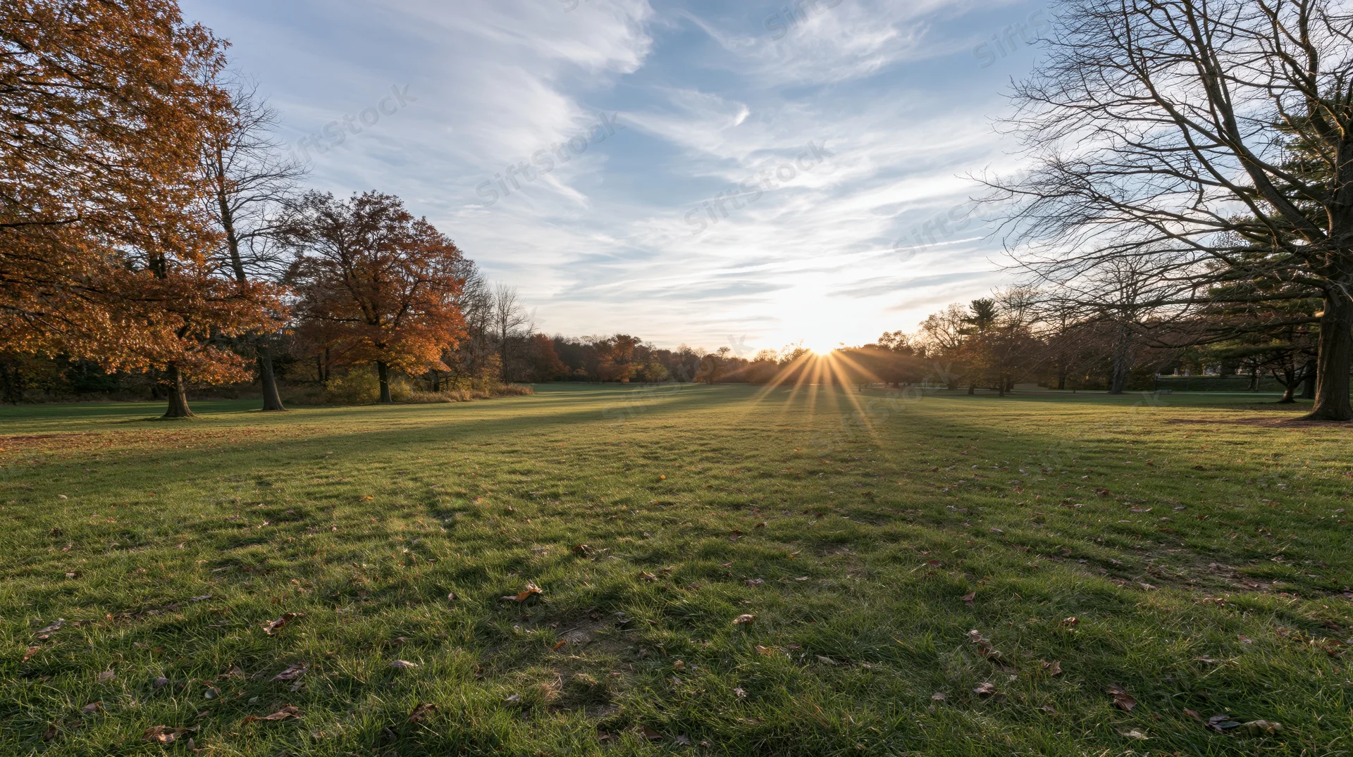 Wide view of a grassy park meadow in early autumn with sunlight rising over the horizon