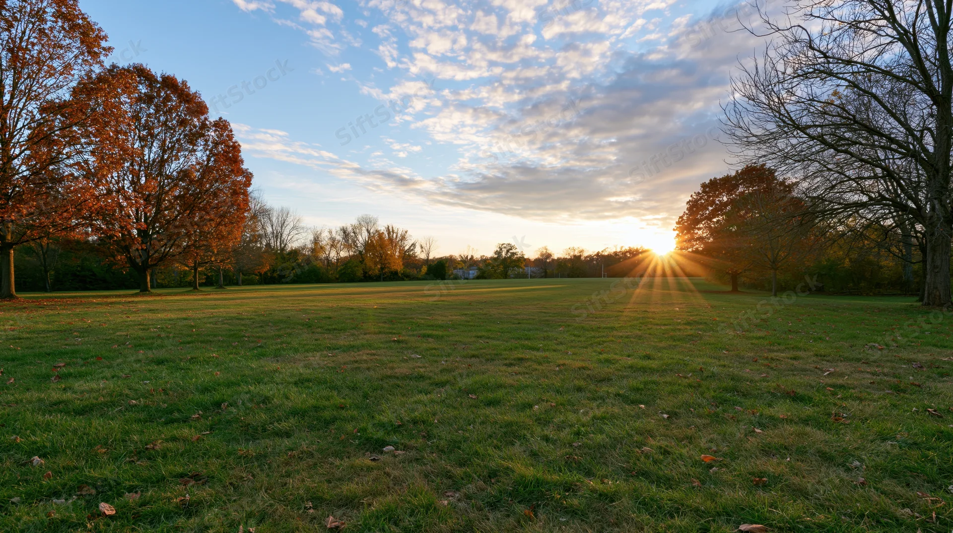 Wide view of open grassy park meadow at sunset in early autumn with trees and sky