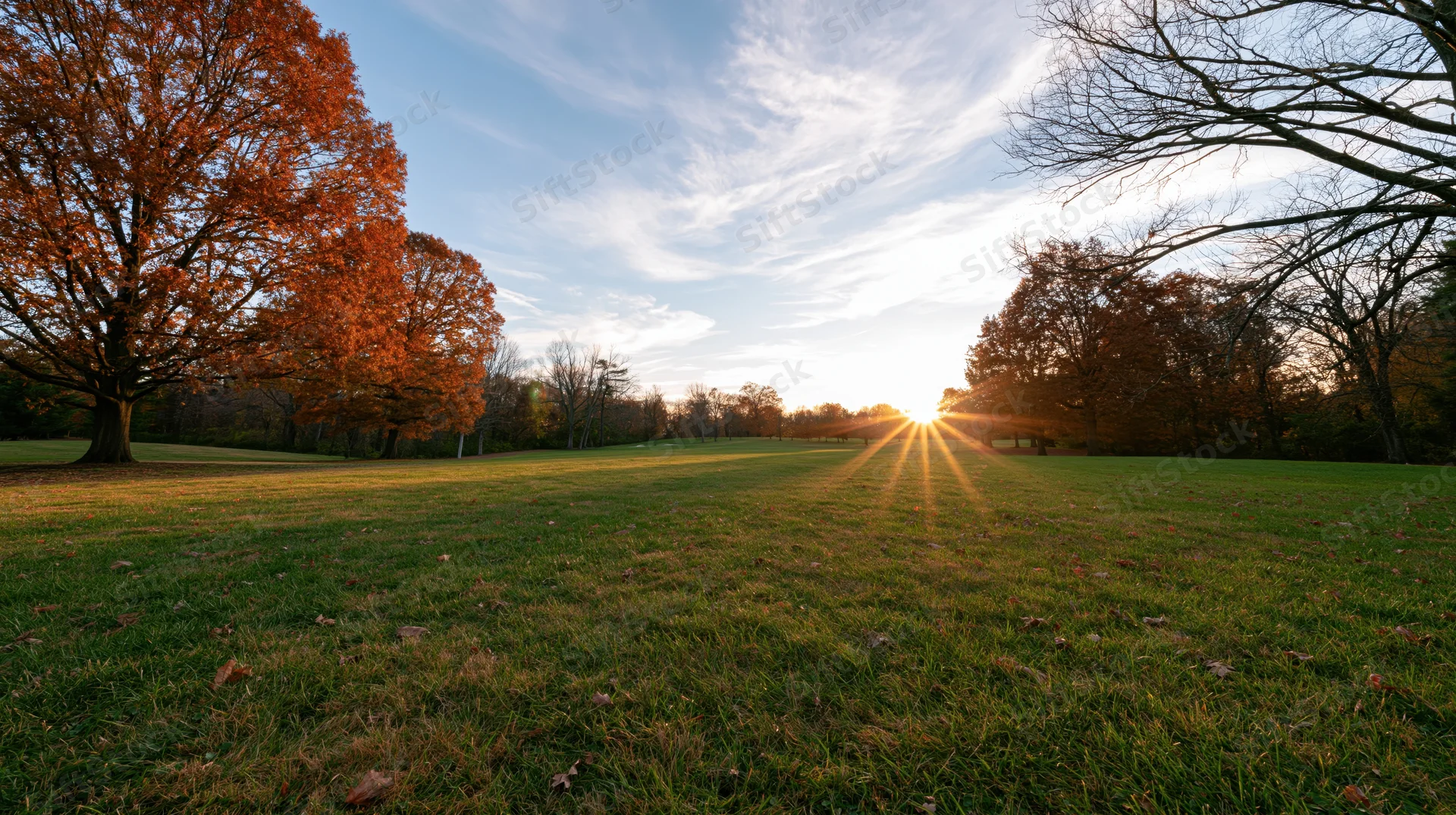Wide autumn landscape of a grassy park meadow with trees and sunrise