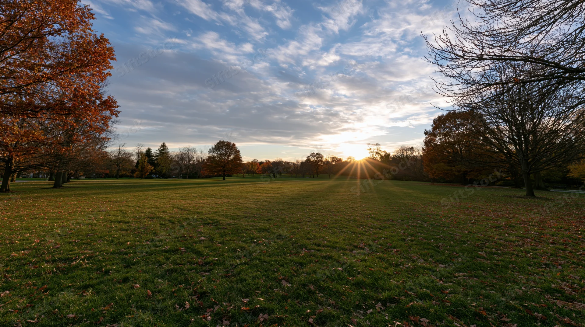 Wide view of a grassy park meadow in early autumn with sunlight and trees under a cloudy sky